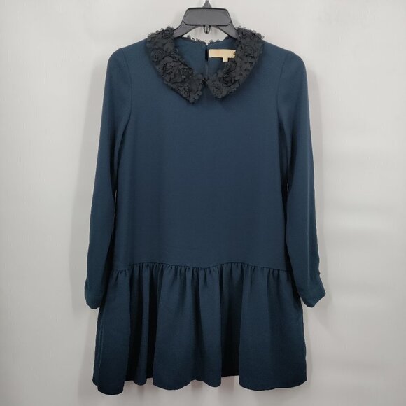 Bonsui Floral Lace Collar Long Sleeve Drop Waist Baby Doll Mini Dress Small Blue - Picture 1 of 12